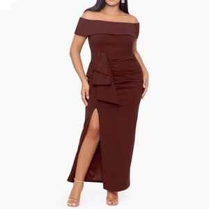 Xscape | Plus Camila Long off the Shoulder Slit Gown.